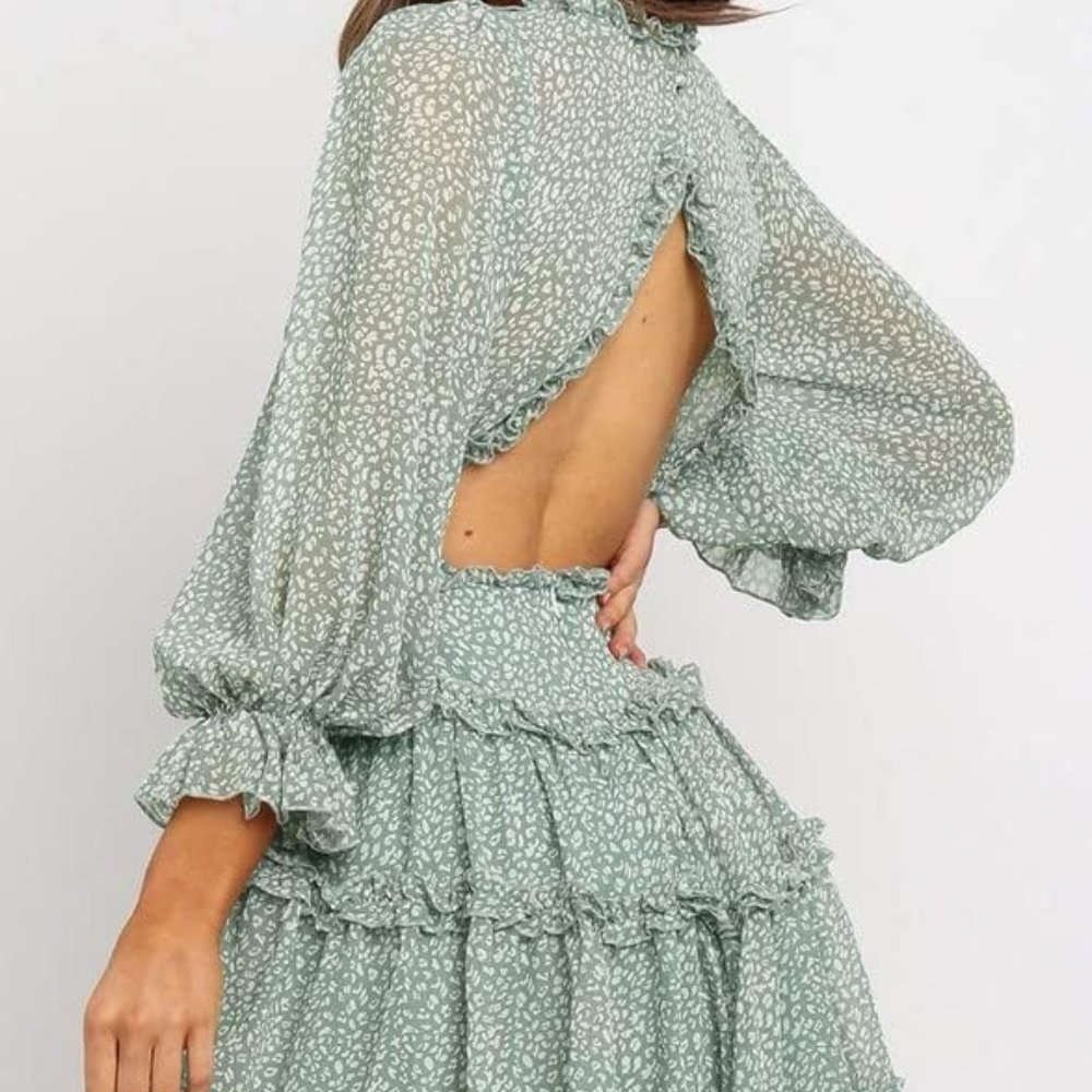 Spring Summer Deep V Neck Ruffle Floral Flowy Mini - Picture 2 of 5